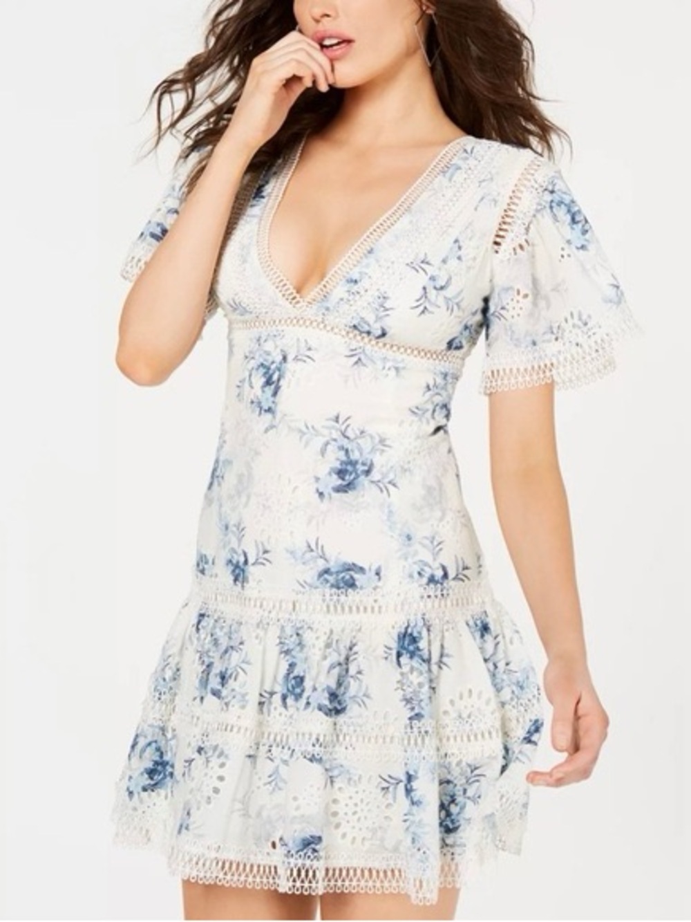 Guess White and Blue Floral V-Neck Lace-Trim Mini Dress